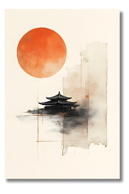 Pagoda con Sol Naranja – Arquitectura Tradicional con Tinta y Luz
