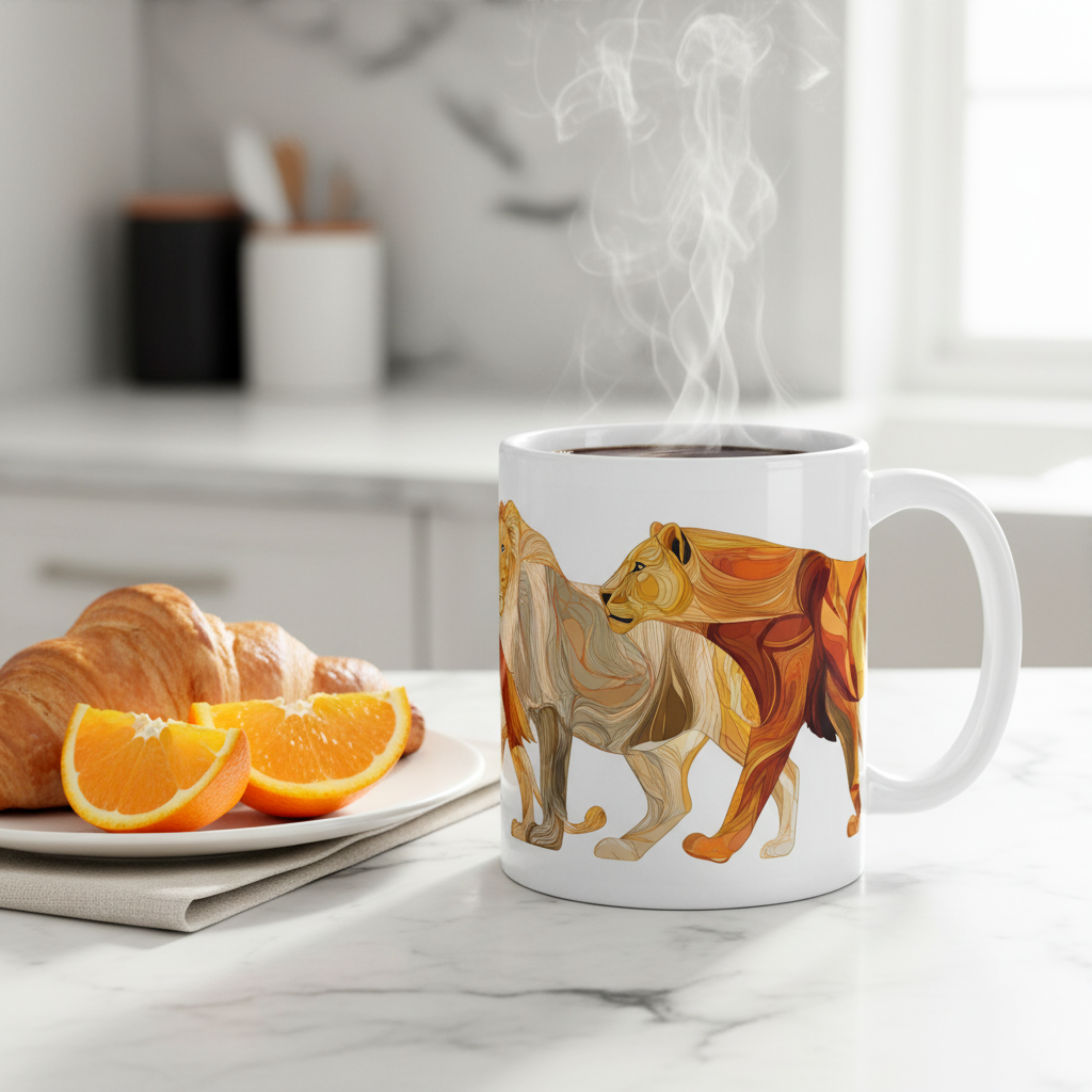 Manada de Leones en Tonos Cálidos – Ilustración Moderna de Siluetas Realistas