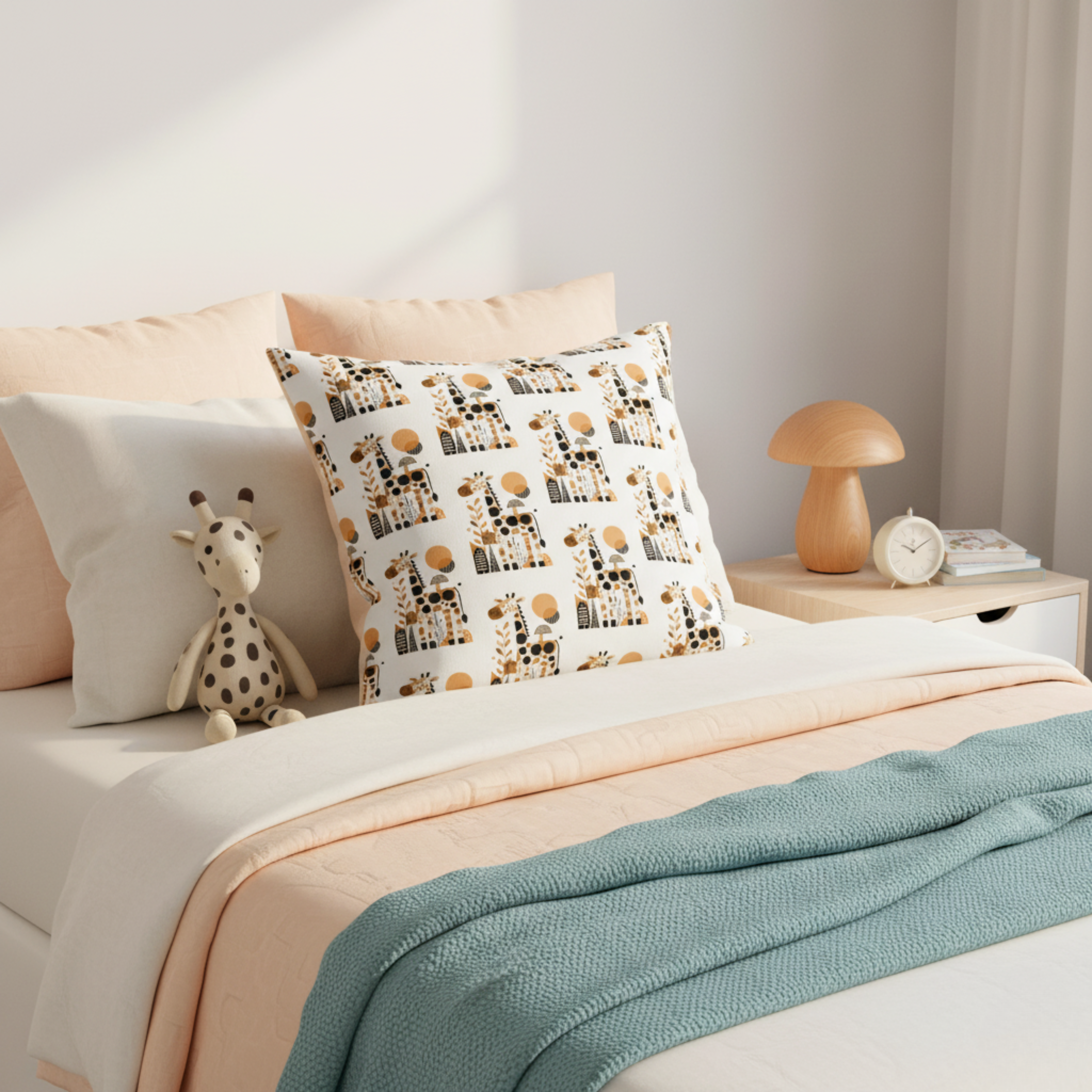 Cojín Estampado Jirafa Minimalista en Composición Geométrica – Decoración Infantil Moderna con Toques Originales