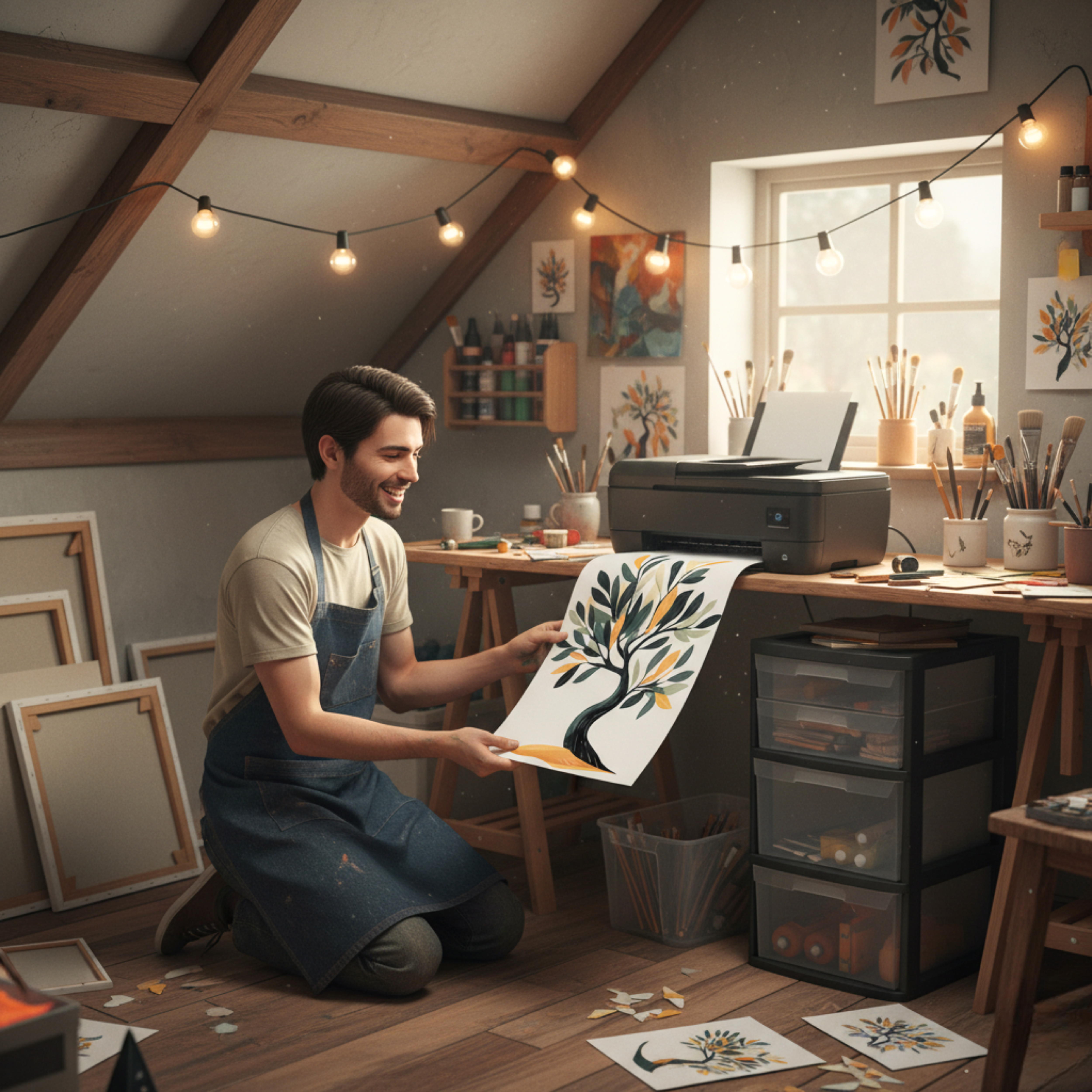 Póster Árbol Minimalista en Verde y Naranja – Arte Digital para Pared