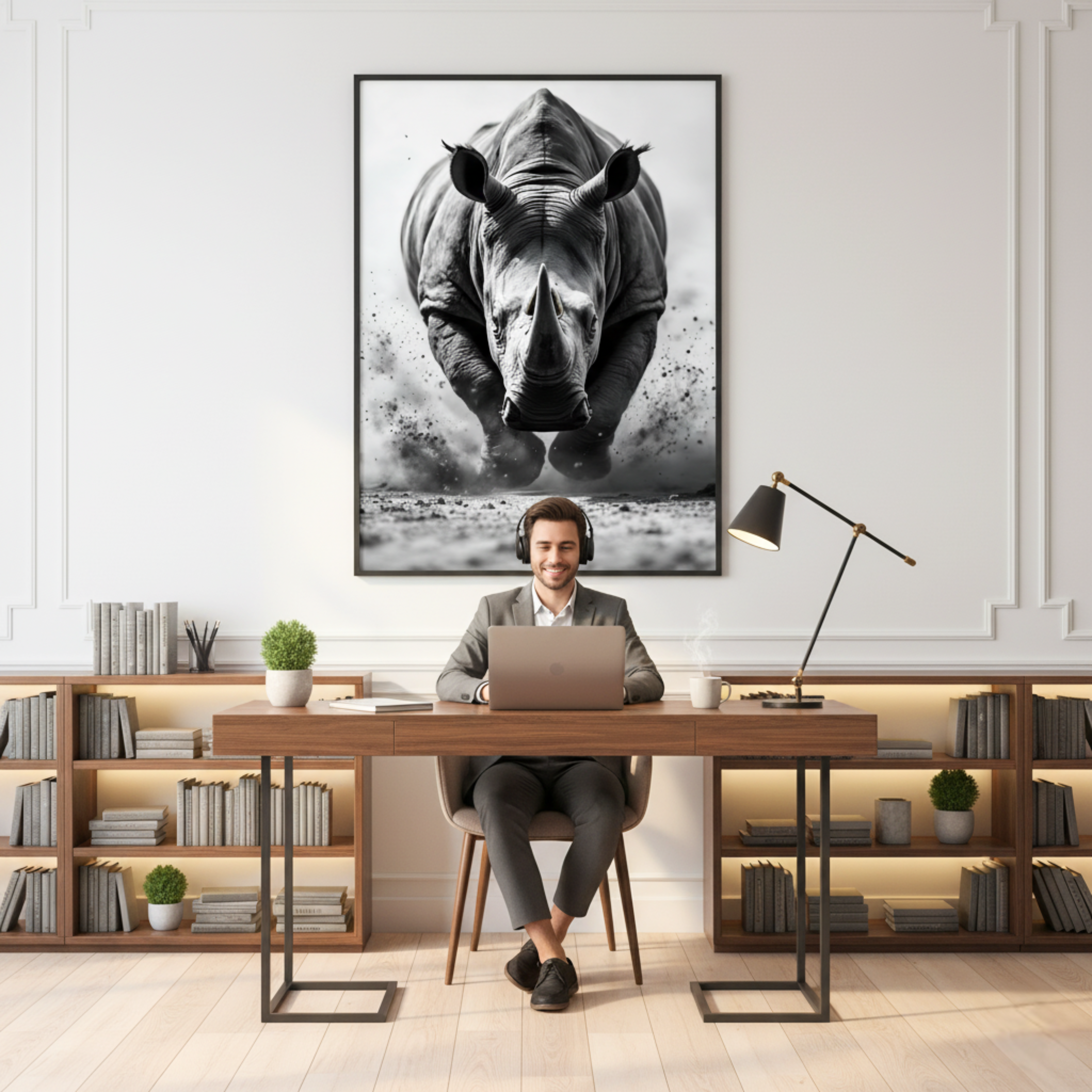 Rinoceronte en Carrera – Cuadro Animal Blanco y Negro para Decoración Tribal