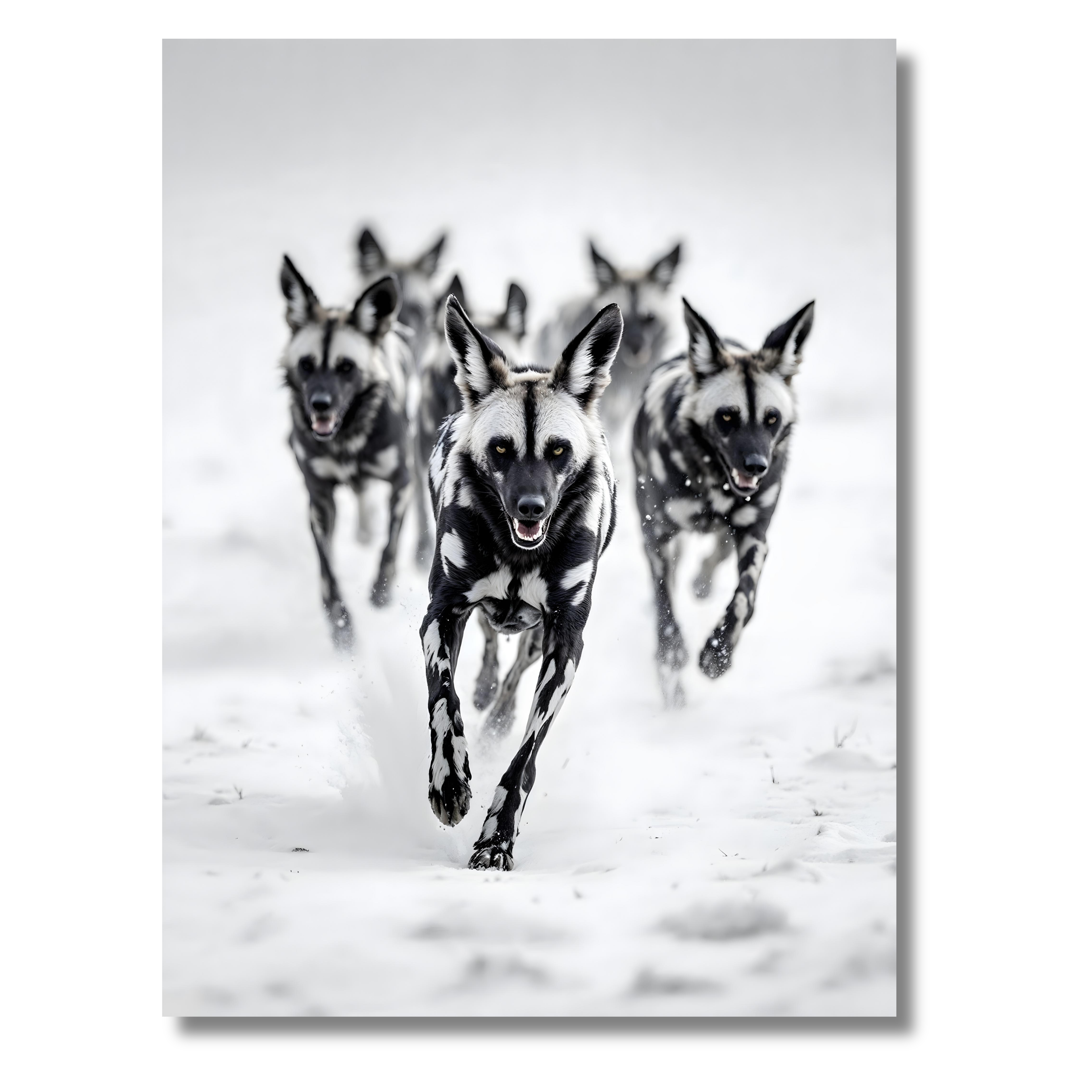 Perros Salvajes Africanos – Cuadro Animal Blanco y Negro con Energía Tribal