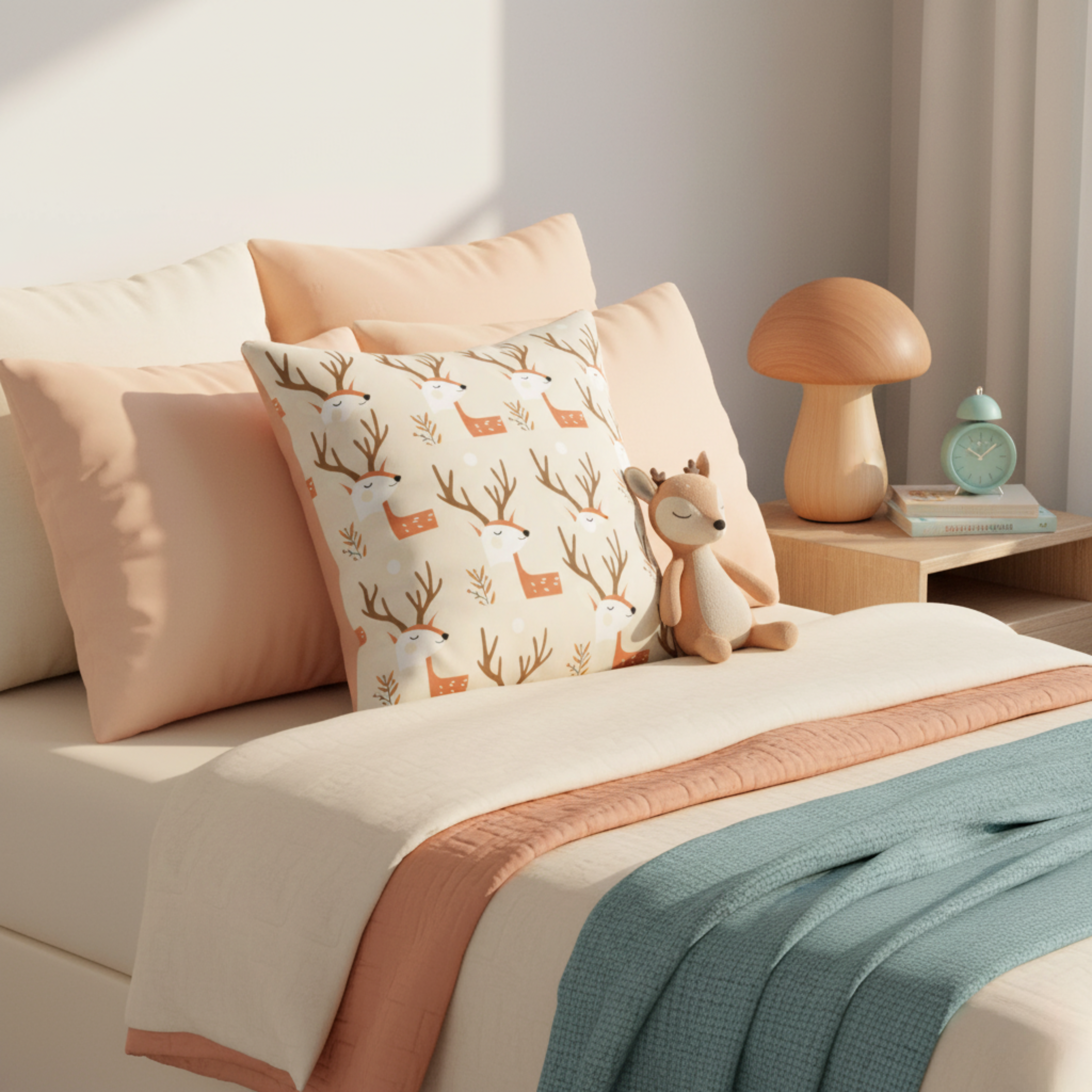 Cojín Estampado Ciervo Minimalista en Fondo Beige – Decoración Infantil Boscosa con Toques de Encanto