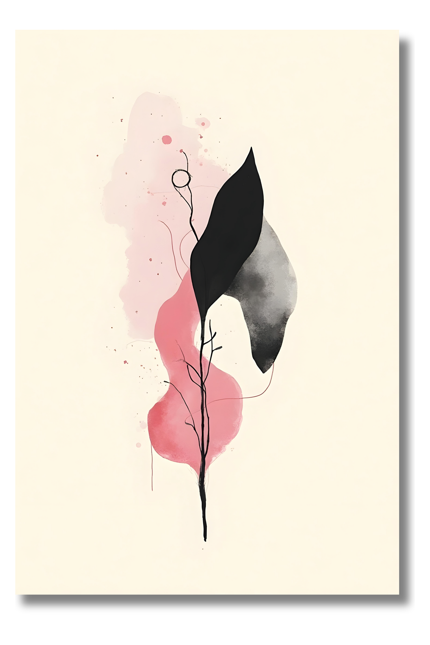 Trama Botánica en Trazos Abstractos – Arte Abstracto Minimalista en Rosa y Negro