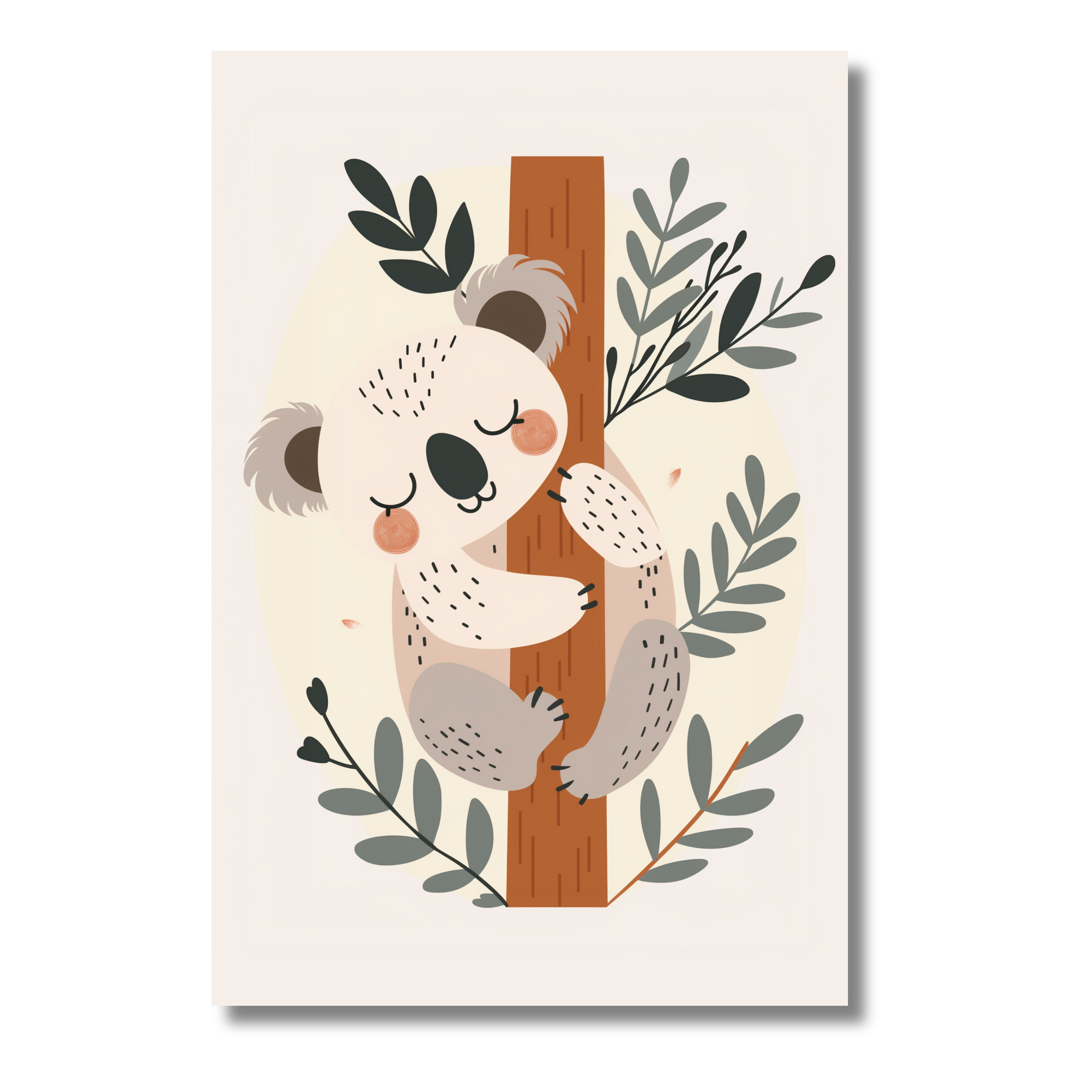 Koala Minimalista Abrazado a un Árbol – Cuadro Infantil en Tonos Suaves