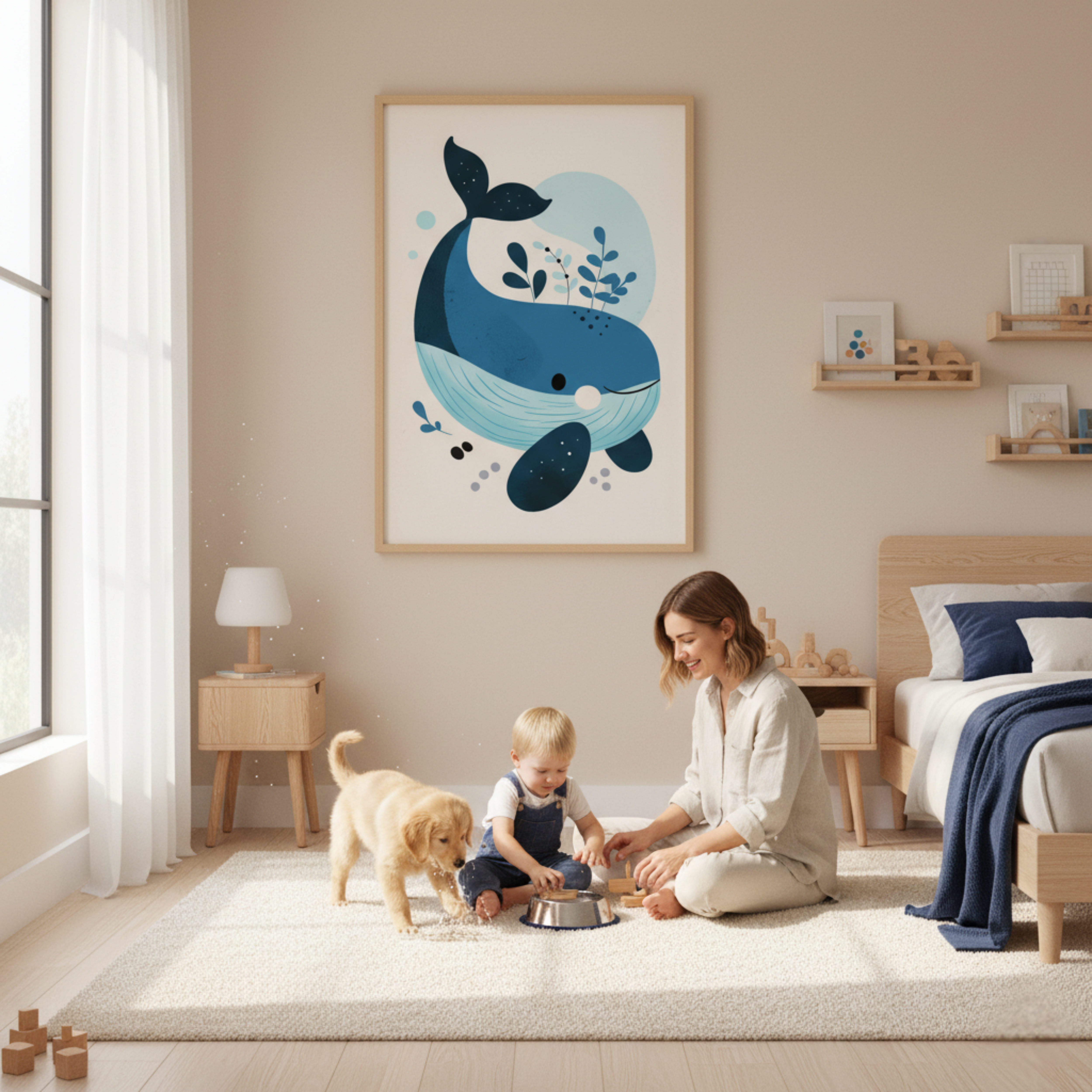 Ballena Minimalista en Fondo Azul Suave – Arte Infantil con Inspiración Marina