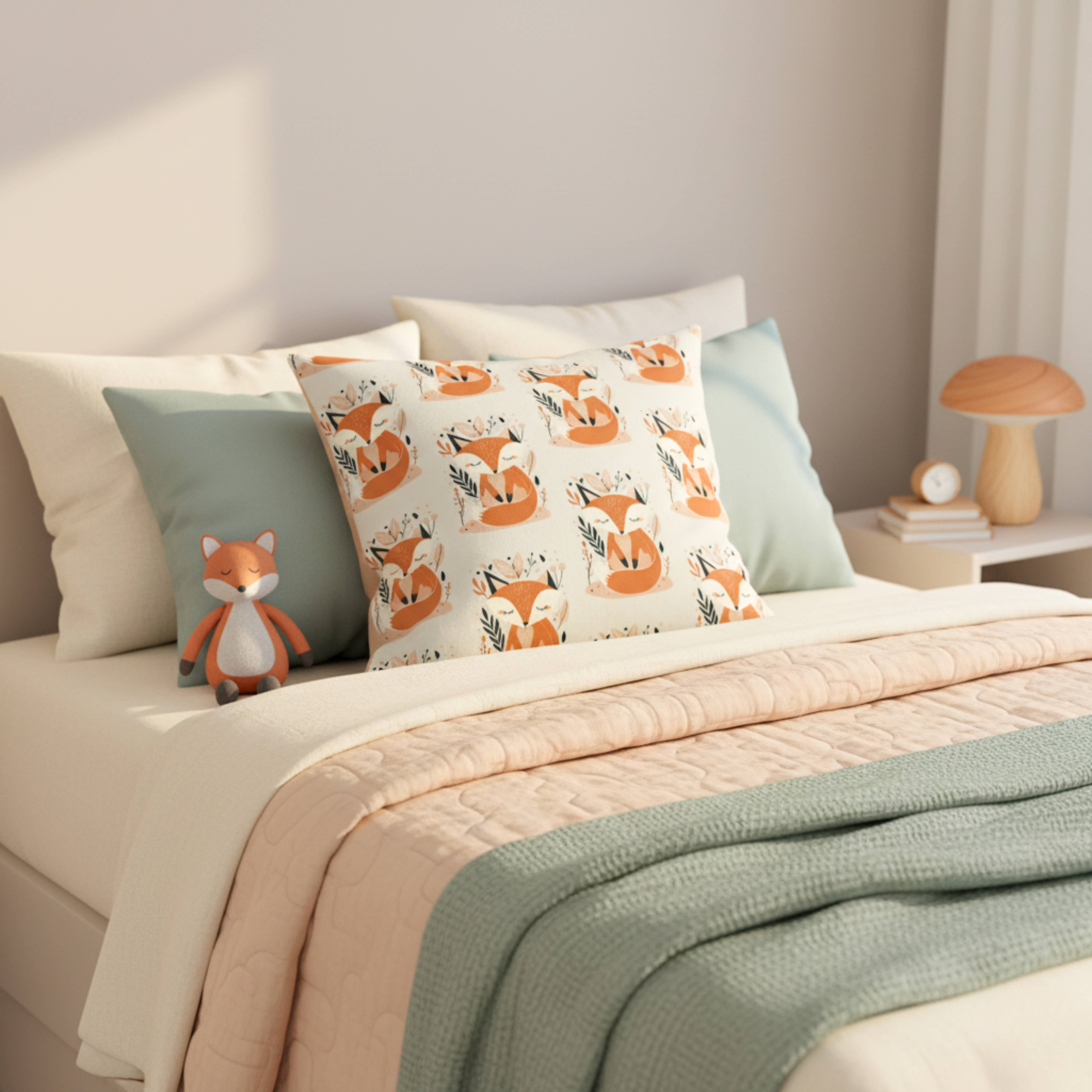 Cojín Estampado Zorro Bebé Enrollado en Estilo Minimalista – Decoración Infantil Natural con Toques de Ternura
