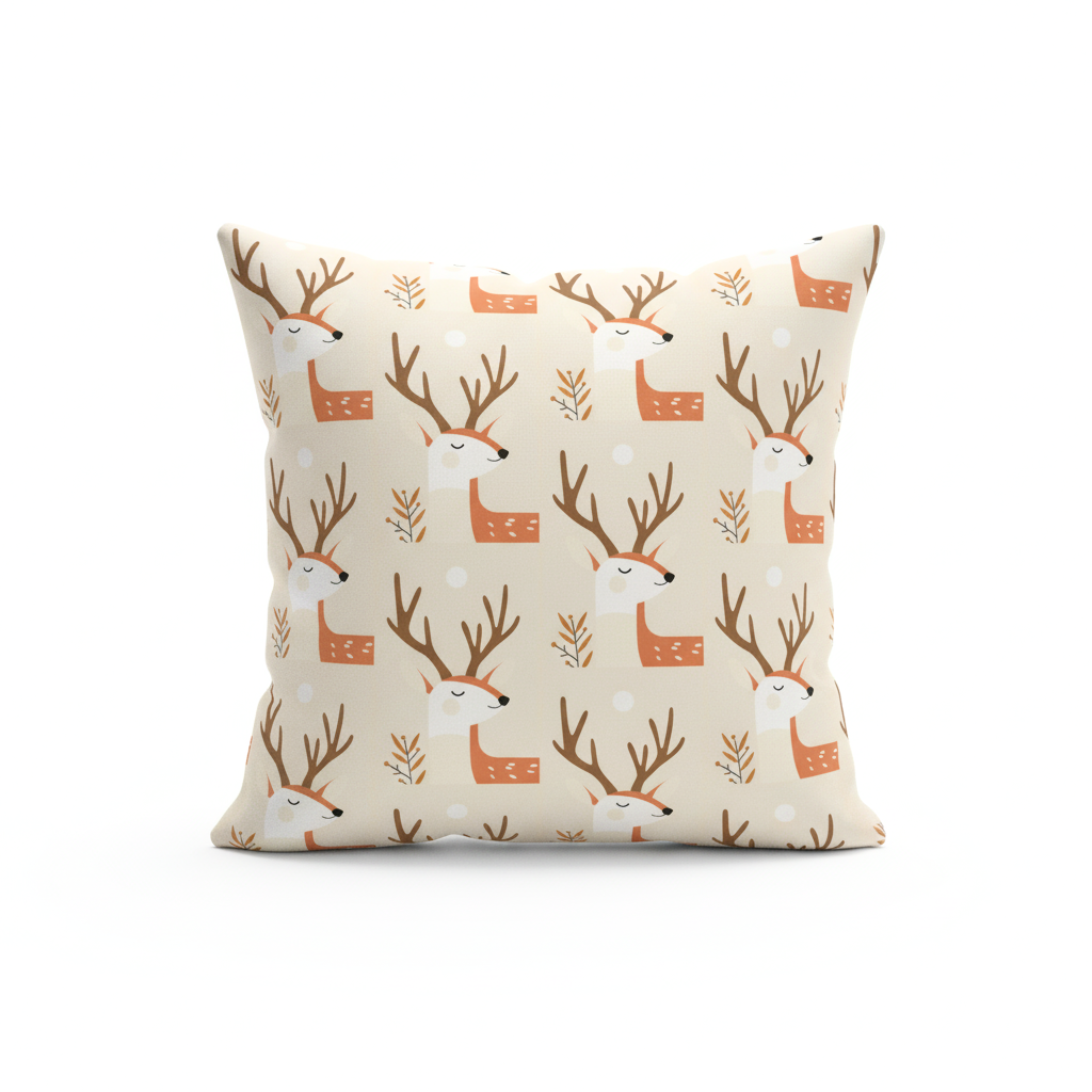 Cojín Estampado Ciervo Minimalista en Fondo Beige – Decoración Infantil Boscosa con Toques de Encanto