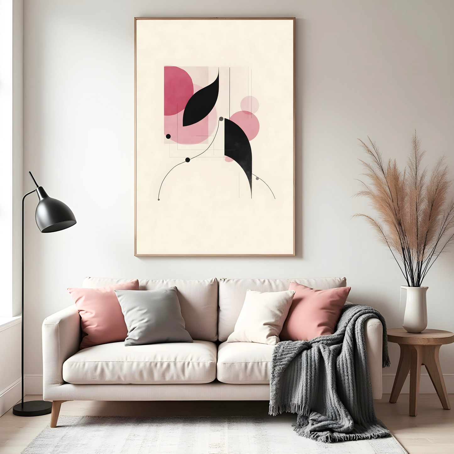 Círculos en Rosa con Contraste Negro – Arte Abstracto Contemporáneo