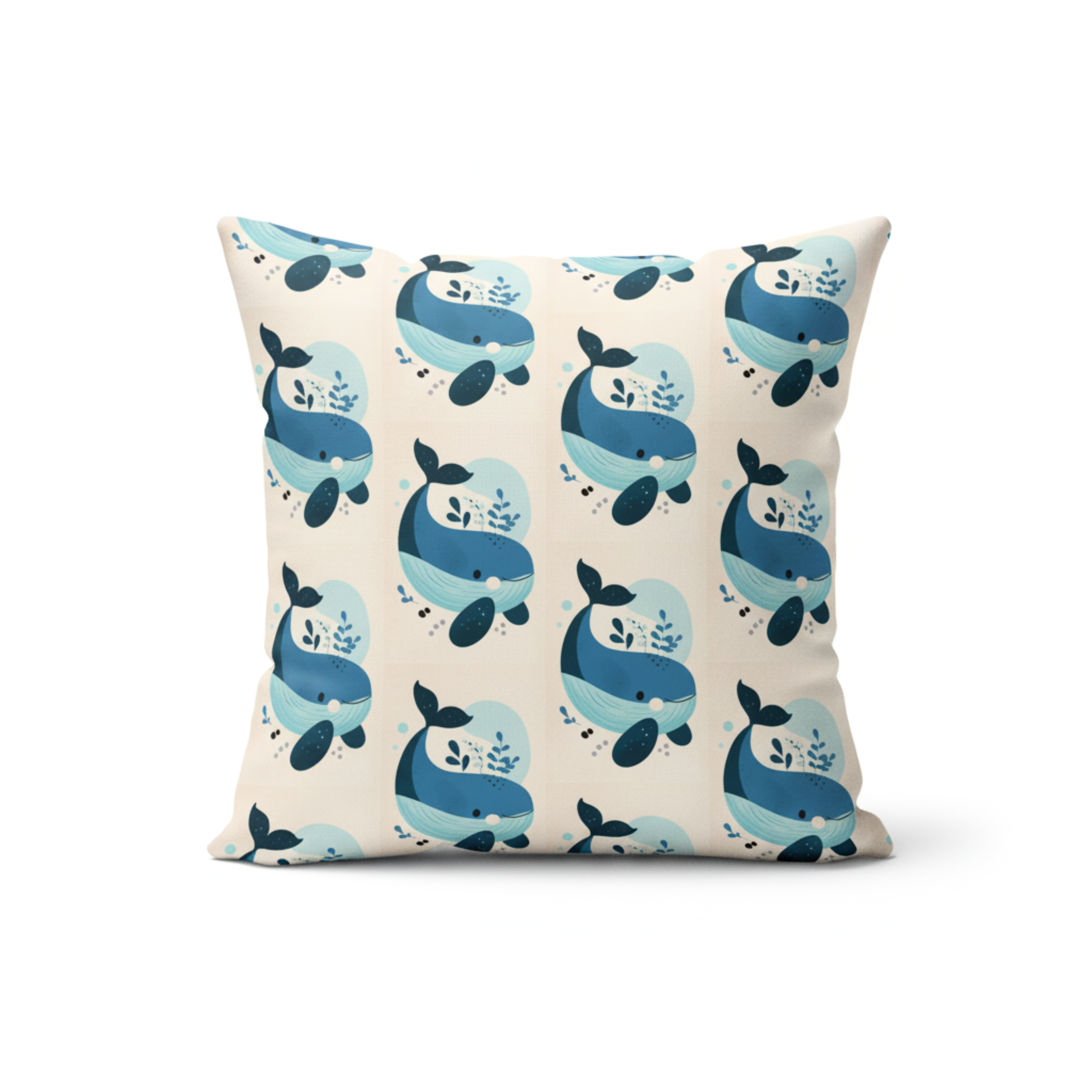 Cojín Estampado Ballena Minimalista en Fondo Azul Suave – Decoración Infantil Marina con Toques de Serenidad