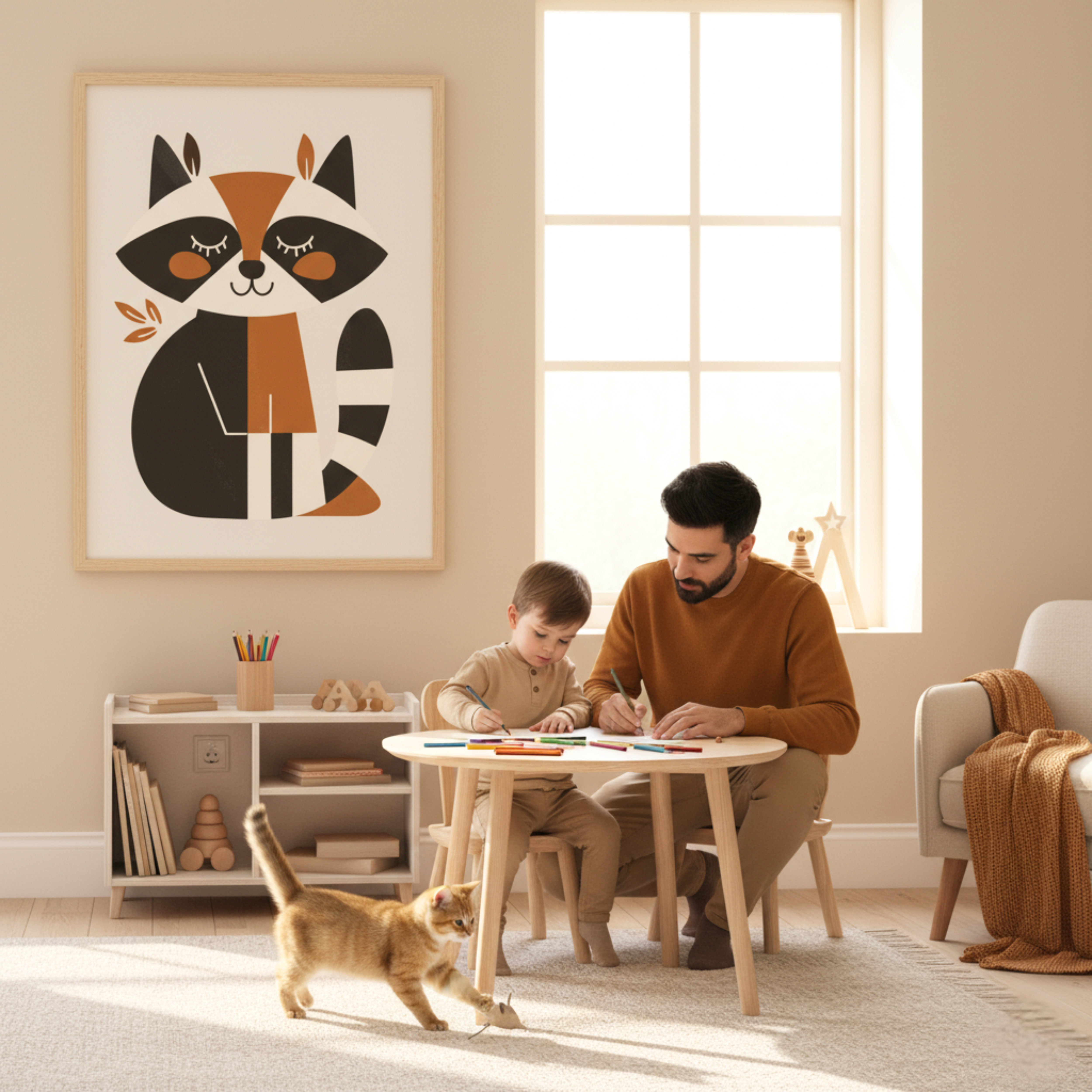 Mapache Sentado en Estilo Minimalista – Cuadro Infantil con Animales del Bosque