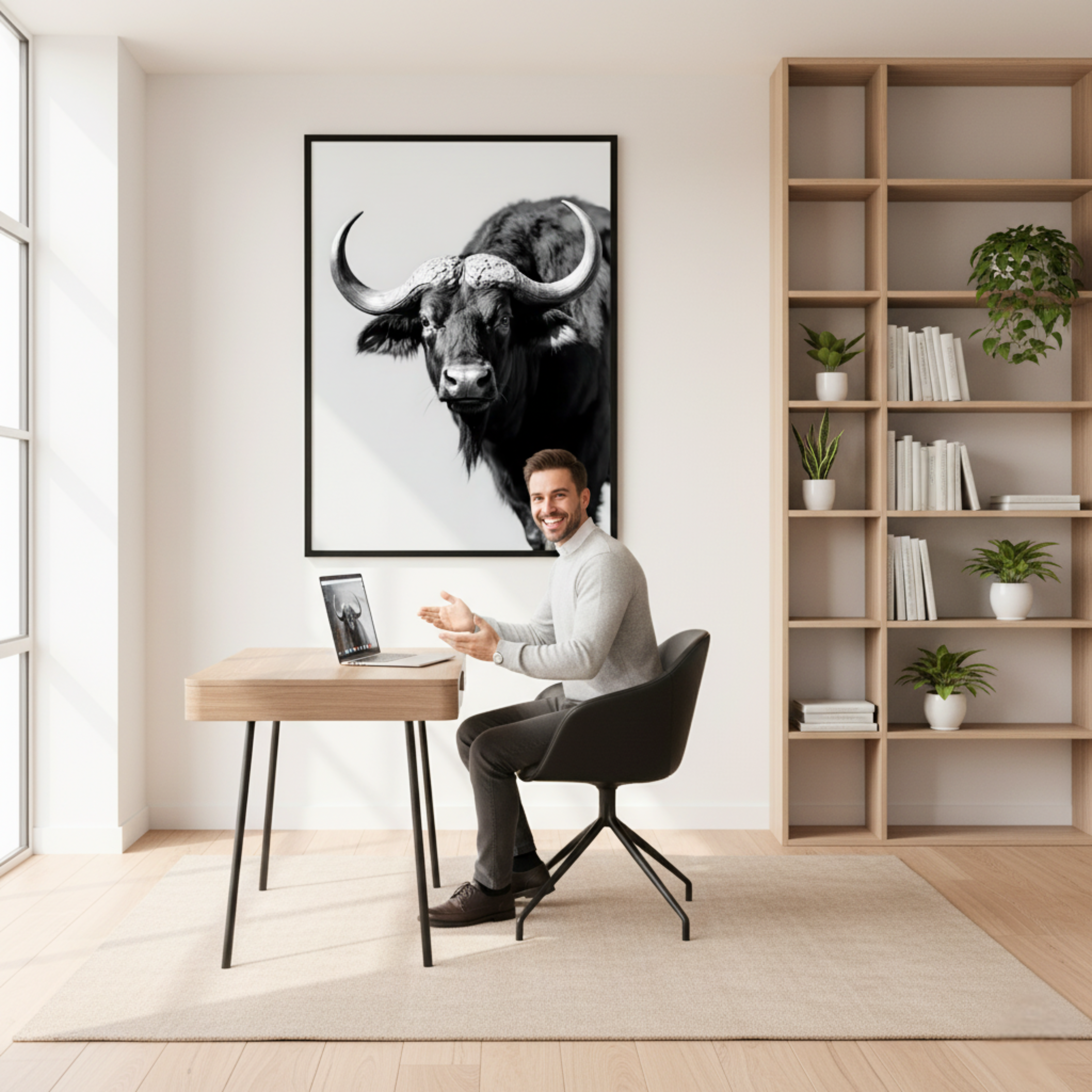 Búfalo de Perfil – Cuadro Animal Blanco y Negro con Fuerza Natural