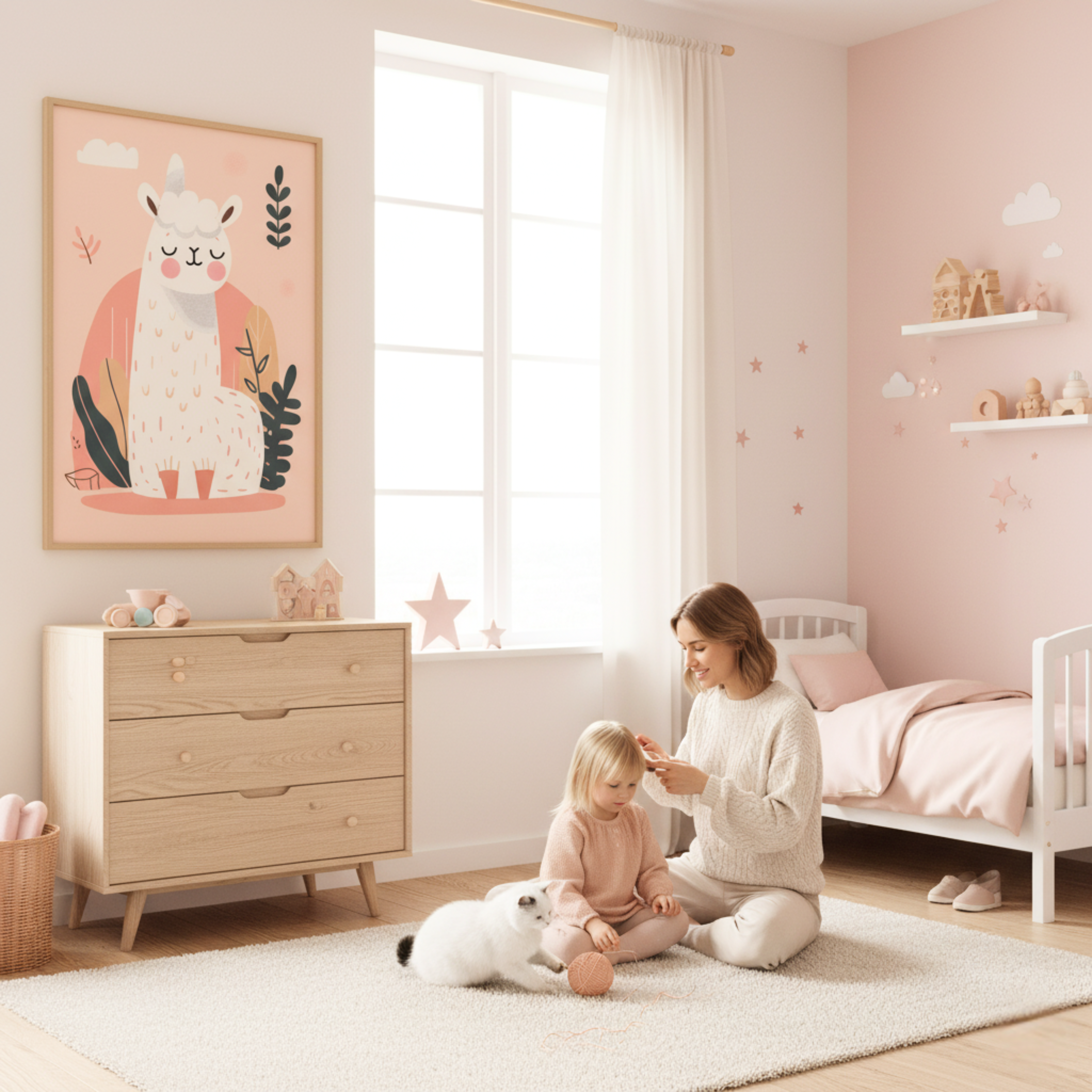 Alpaca Minimalista en Fondo Suave – Cuadro Infantil para Espacios Modernos