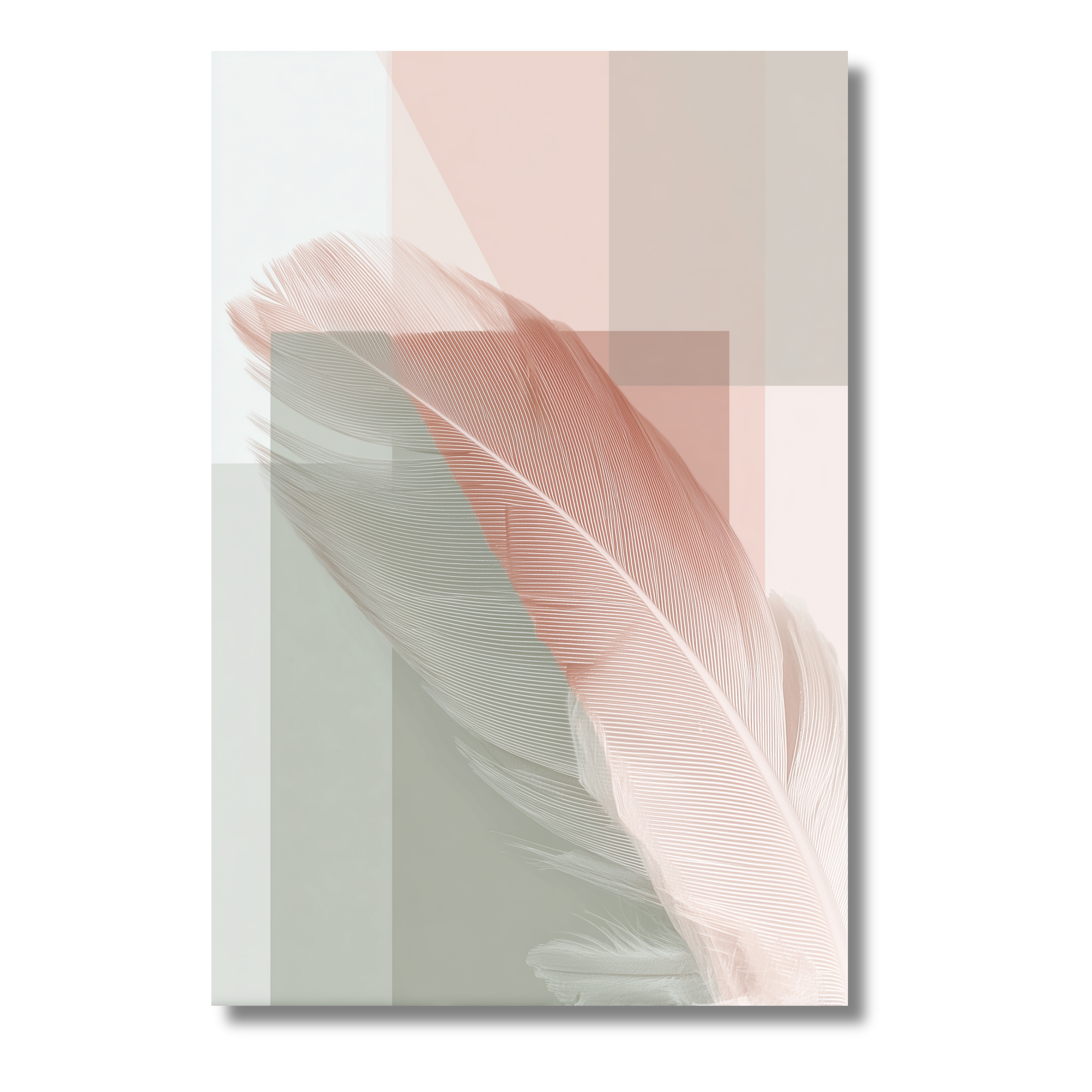 Pluma Rosa sobre Fondo Geométrico – Póster Minimalista en Tonos Suaves