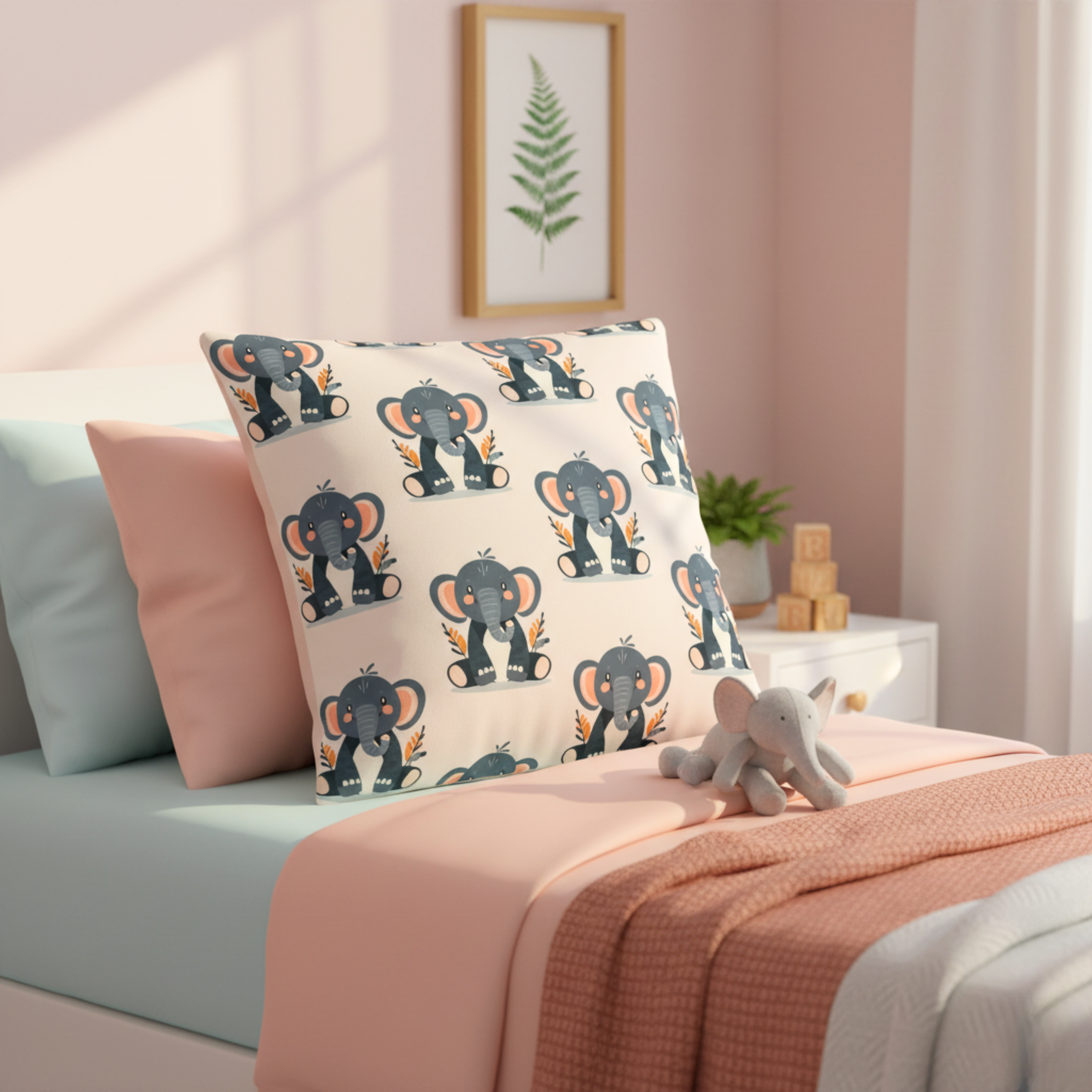 Cojín Estampado Elefante Azul Minimalista – Decoración Infantil Moderna con Toques de Color