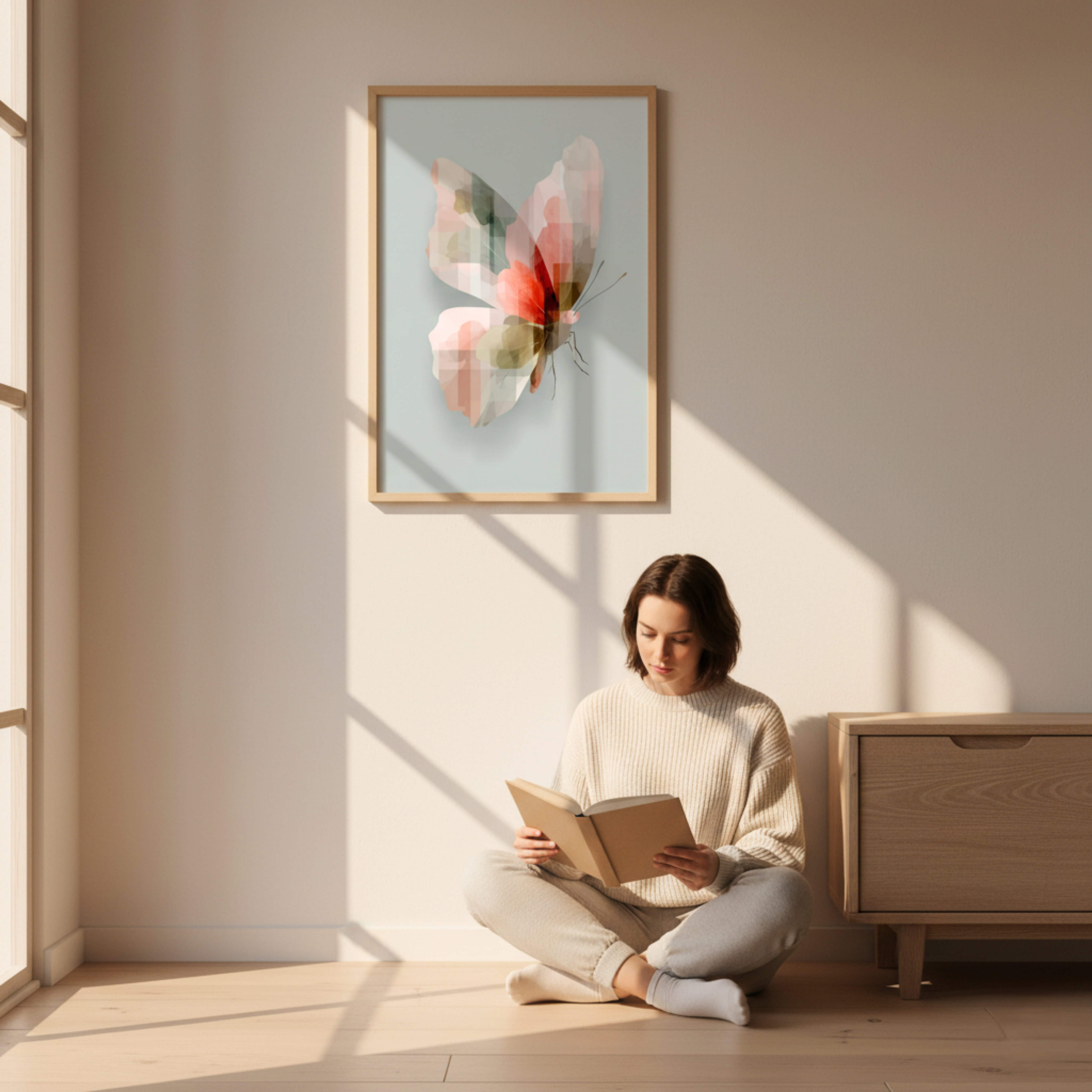 Mariposa en Tonos Rosa y Verde – Póster Minimalista de Estilo Natural